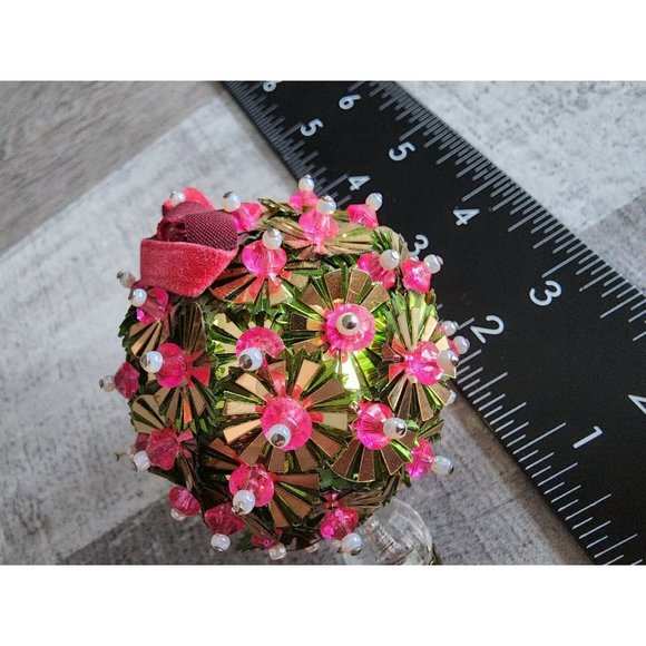 Vintage Christmas Ornament 1960s Velvet Beaded Push Pin Embellish Green Pink - Picture 7 of 10